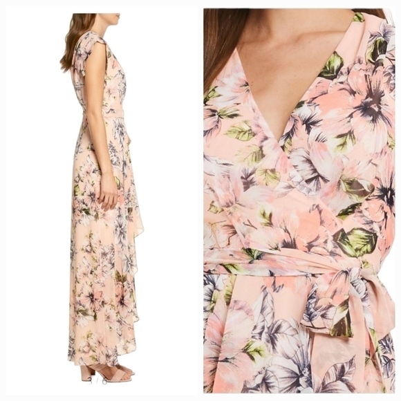 New Eliza J Pink Floral Ruffle High Low Maxi Faux Wrap Dress - Picture 2 of 9